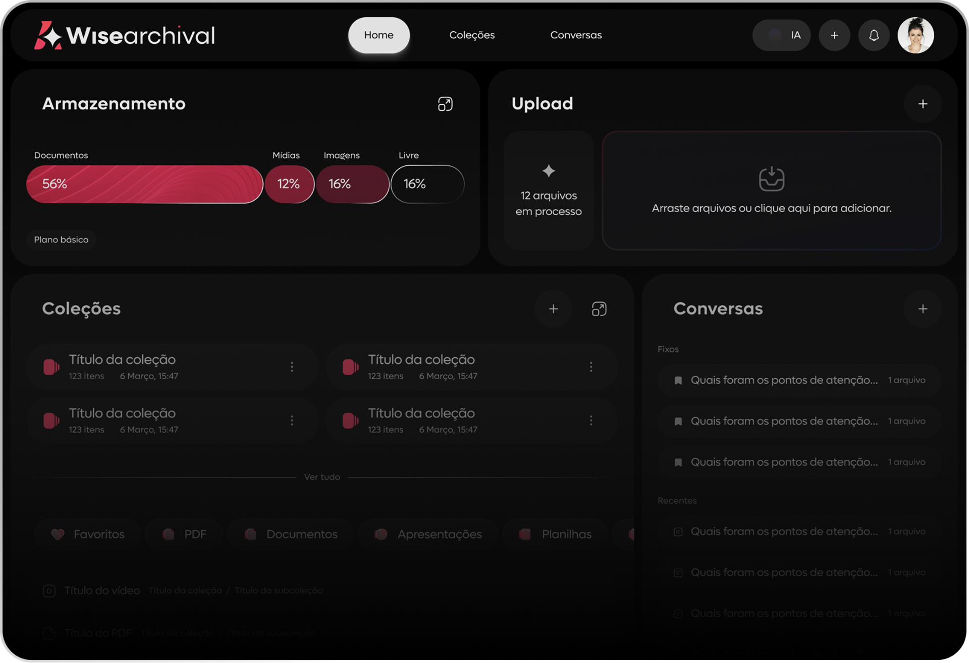 Tela inicial do Wise Archival — armazenamento, upload, coleções e conversas